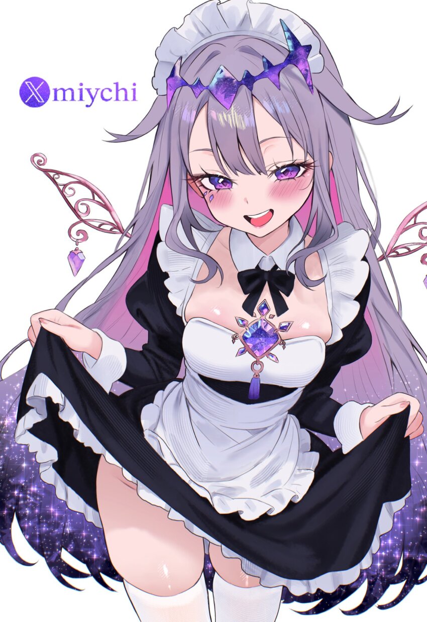 1girl alternate_costume apron black_bow black_bowtie black_dress blush bow bowtie center-flap_bangs chest_jewel circlet collared_dress double-parted_bangs dress enmaided frilled_apron frills full_body gem gradient_hair grey_hair hair_flaps highres hololive hololive_english jewel_under_eye koseki_bijou loli long_hair looking_at_viewer maid maid_apron maid_headdress miychi multicolored_hair open_mouth purple_eyes purple_gemstone purple_hair sidelocks simple_background skirt_hold smile socks solo standing thighhighs very_long_hair virtual_youtuber waist_apron white_apron white_background white_thighhighs