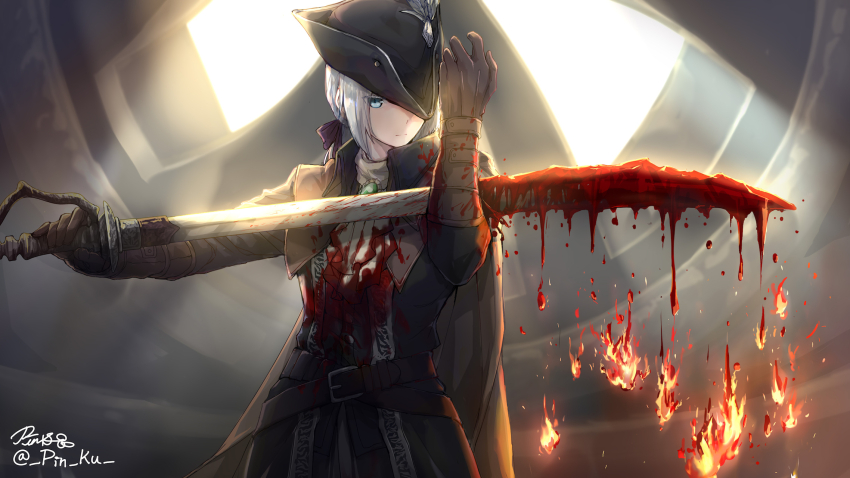 1girl ascot blood blood_on_clothes blood_stain bloodborne double_blade gehrman_the_first_hunter gem hat hat_feather highres lady_maria_of_the_astral_clocktower looking_at_viewer pin.s solo tricorne white_ascot