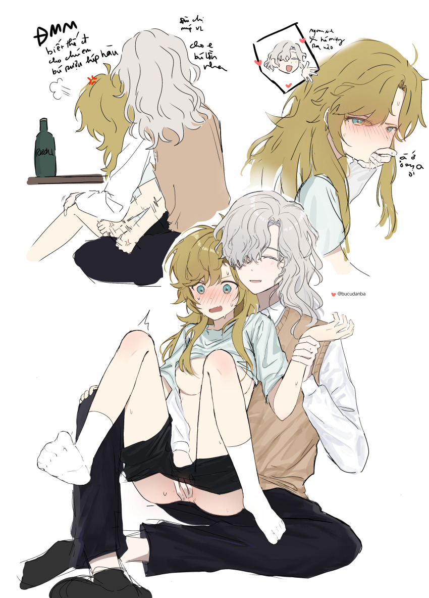 2girls absurdres blonde_hair blush breasts couple drunk finger_to_another&#039;s_mouth finger_to_mouth fingering flirting grabbing hand_under_dress highres holding_hands hug hug_from_behind long_hair multiple_girls nishiyos reverse:1999 teacher_and_student vietnamese_commentary vietnamese_text vila_(reverse:1999) white_background white_hair windsong_(reverse:1999) yuri