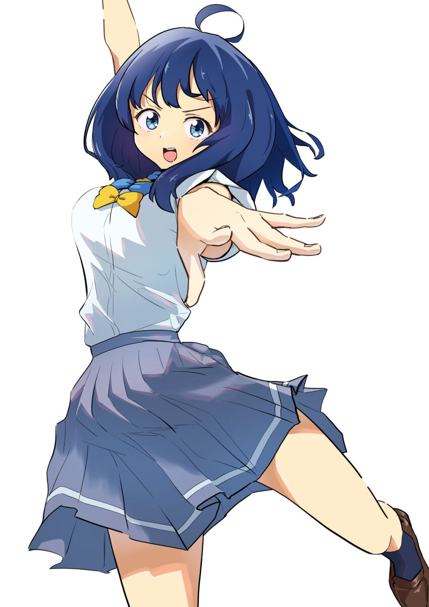 1girl ahoge arm_up black_socks blue_bow blue_bowtie blue_eyes blue_hair bow bowtie brown_shoes commentary_request grey_skirt highres loafers looking_at_viewer m2bou make_heroine_ga_oo_sugiru! medium_hair open_mouth outstretched_arm pleated_skirt reaching reaching_towards_viewer school_uniform shirt shirt_tucked_in shoes simple_background skirt socks solo teeth tsuwabuki_high_school_uniform upper_teeth_only white_background white_shirt yanami_anna yellow_bow yellow_bowtie