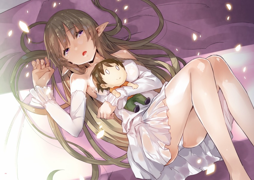 1girl bare_legs bare_shoulders barefoot brown_hair character_doll detached_sleeves doll dress female_focus hair_down highres hugging_object kanou_shin&#039;ichi light_particles long_hair looking_at_viewer lying myucel_foalan on_back open_mouth outbreak_company panties pointy_ears purple_eyes short_dress solo strapless strapless_dress underwear very_long_hair white_dress white_panties yuugen