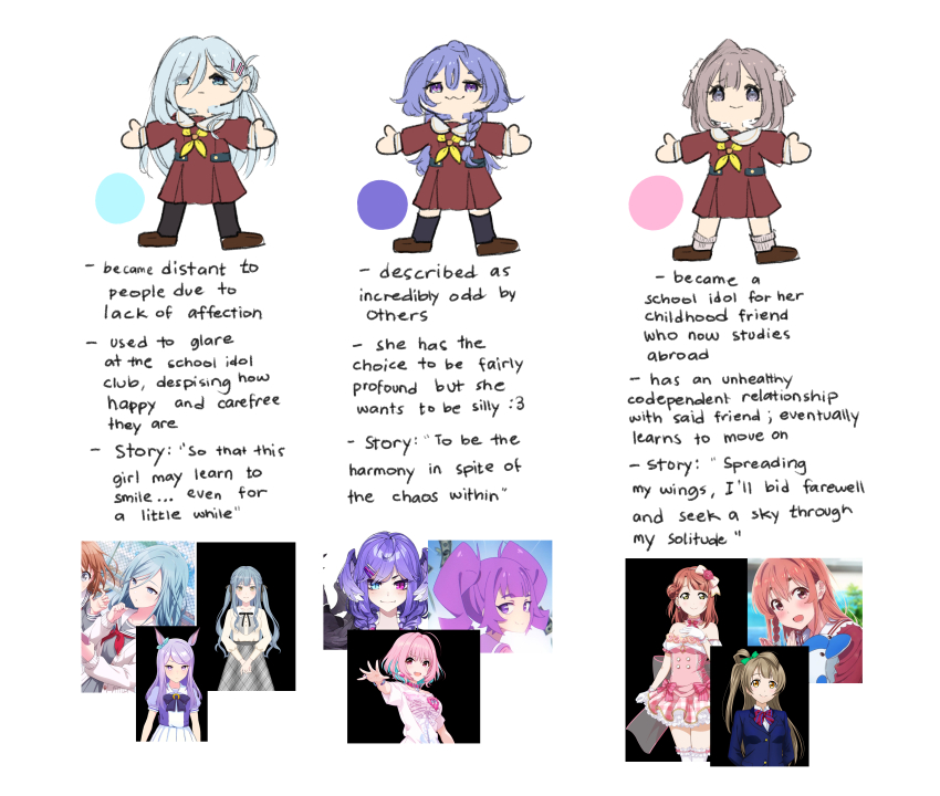 3girls :3 :| absurdres bang_dream! bang_dream!_it&#039;s_mygo!!!!! black_pantyhose black_socks blue_eyes blue_hair braid brown_dress brown_shoes character_profile chibi closed_mouth commentary design_speculation dress english_commentary english_text expressionless eyes_visible_through_hair grey_eyes grey_hair grey_socks hair_between_eyes hair_bun hair_ornament hair_over_one_eye hair_over_shoulder hair_rings hairclip hasu_no_sora_school_uniform highres hinomori_shizuku hito_(maruhito) idolmaster idolmaster_cinderella_girls kanojo_okarishimasu kneehighs link!_like!_love_live! loafers long_hair long_sleeves love_live! mejiro_mcqueen_(umamusume) minami_kotori multiple_girls neckerchief nijisanji nijisanji_en original otachan outstretched_arms pantyhose project_sekai purple_hair reference_inset ribbed_socks sailor_collar sailor_dress sakurasawa_sumi school_uniform selen_tatsuki shoes short_hair simple_background single_braid single_side_bun smile socks standing the_otachan_show togawa_sakiko two_side_up uehara_ayumu umamusume very_long_hair virtual_youtuber white_background white_sailor_collar winter_uniform yellow_neckerchief yumemi_riamu