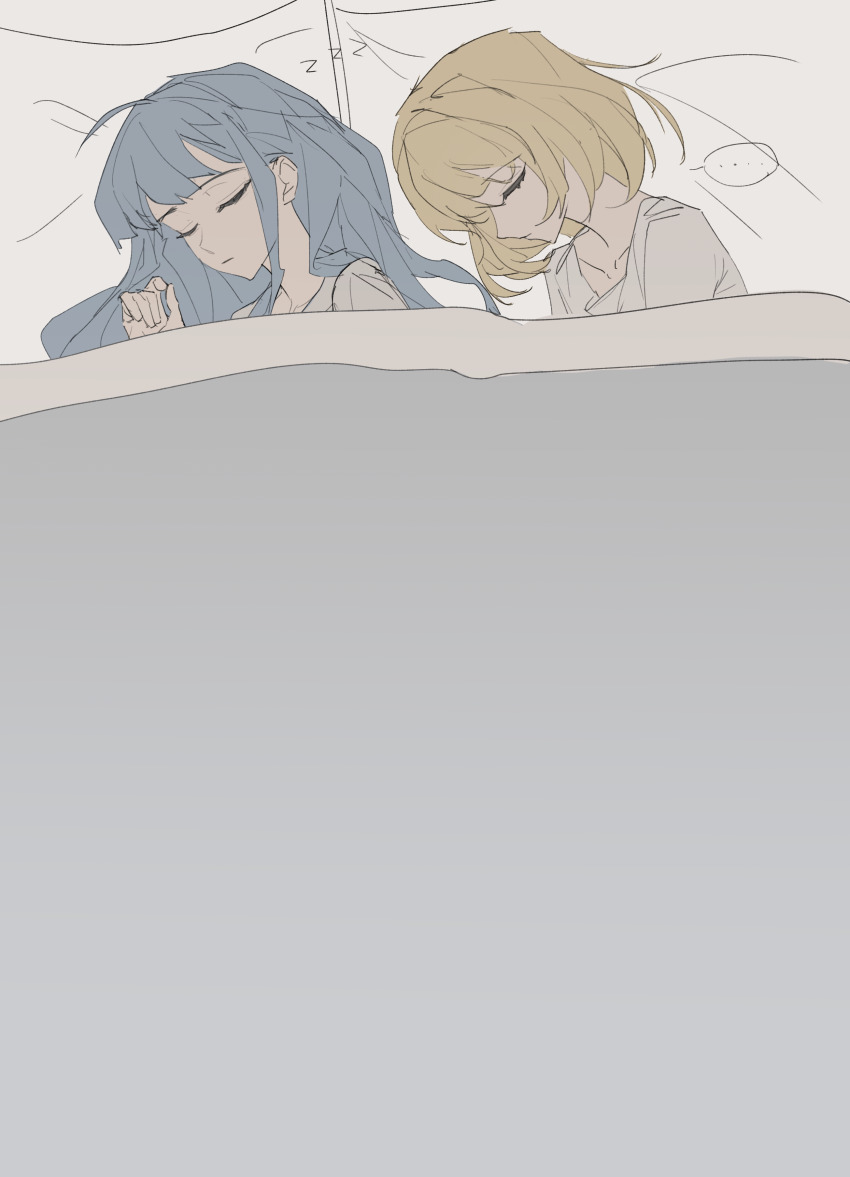 ... 2girls absurdres bang_dream! bang_dream!_it&#039;s_mygo!!!!! blonde_hair blue_hair chinese_commentary closed_eyes closed_mouth commentary_request from_above highres hui_bei_she long_hair medium_hair misumi_uika multiple_girls pillow shirt sleeping spoken_ellipsis togawa_sakiko under_covers white_shirt yuri zzz