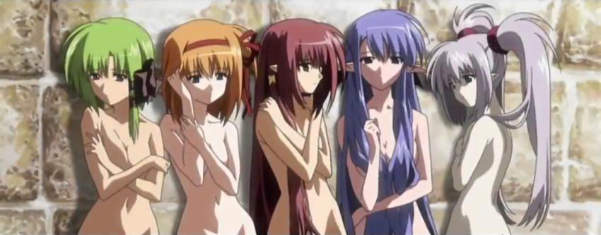 5girls convenient_censoring covering_privates covering_breasts crossed_arms fuyou_kaede green_hair hair_censor hair_over_breasts hairband lisianthus long_hair multiple_girls navel nerine nude orange_hair out-of-frame_censoring pointy_ears primula purple_hair red_hair ribbon shigure_asa shuffle! standing twintails