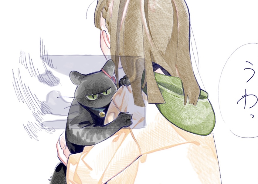 1girl animal_focus animalization bell black_bow blue_collar bow braid brown_hair center-flap_bangs collar commentary glaring green_eyes green_hood hair_bow hood hoodie jingle_bell kachimachi_kosuzu kachimachi_kosuzu_(summer_loungewear) link!_like!_love_live! long_hair long_sleeves looking_at_viewer love_live! momose_ginko pipi_(m1x_mix) side_braids slit_pupils straight_hair symbol-only_commentary translation_request v-shaped_eyes virtual_youtuber yellow_hoodie