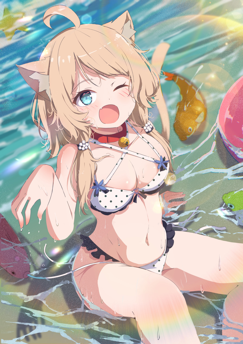 1girl ;o absurdres ahoge animal_collar animal_ear_fluff animal_ears aqua_eyes arm_support ball beach bell bikini blonde_hair blue_eyes blush breasts cat_ears cat_girl cat_tail cleavage collar collarbone commission fang fish frilled_bikini frills halterneck highres jingle_bell lens_flare long_hair low_twintails medium_breasts navel neck_bell ocean one_eye_closed open_mouth original outdoors partially_submerged polka_dot polka_dot_bikini red_collar shiro9jira side-tie_bikini_bottom sitting skeb_commission skin_fang solo swimsuit tail twintails untied_bikini wardrobe_malfunction water wet white_bikini