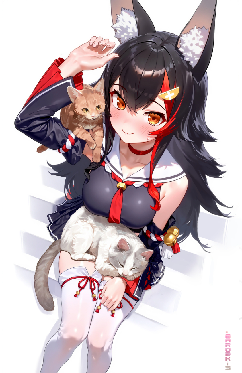 1girl animal_ear_fluff animal_ears bell black_hair black_serafuku black_shirt black_skirt black_sleeves blush breasts cat choker closed_mouth commentary cropped_shirt cross-laced_slit crossed_bangs detached_sleeves english_commentary flipped_hair hair_between_eyes hair_ornament hairclip hand_up highres hololive jingle_bell knees_together_feet_apart kouhaku_nawa large_breasts long_hair looking_at_viewer maro2ki3 miniskirt neckerchief necktie ookami_mio ookami_mio_(1st_costume) pleated_skirt pleated_sleeves red_choker red_hair red_neckerchief red_necktie rope sailor_collar school_uniform serafuku shimenawa shirt side_slit sidelocks sitting sitting_on_stairs skirt sleeveless sleeveless_shirt smile solo spiked_hair stairs tabi taiga_(ookami_mio) tawa_(ookami_mio) thighhighs very_long_hair virtual_youtuber white_sailor_collar white_thighhighs wolf_ears wolf_girl yellow_eyes
