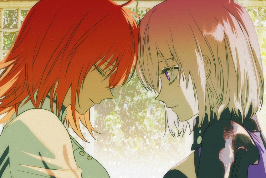 2girls backlighting bloom closed_eyes closed_mouth easel_(dam0628) facing_down fate/grand_order fate_(series) from_side fujimaru_ritsuka_(female) fujimaru_ritsuka_(female)_(decisive_battle_chaldea_uniform) gorget gradient_hair high_collar light_smile looking_at_another mash_kyrielight mash_kyrielight_(ortenaus) medium_hair multicolored_hair multiple_girls orange_hair pink_hair purple_eyes short_hair upper_body