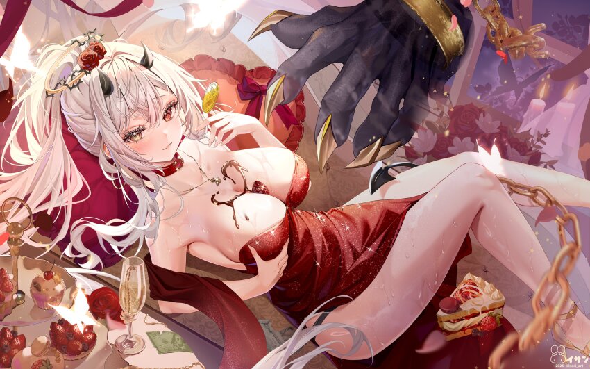 1girl absurdres alcohol banknote bare_shoulders black_horns bug butterfly cake candle chain champagne champagne_flute cherry chocolate chocolate_on_body closed_mouth coin collar commission cup cupcake dress drinking_glass eyelashes flower food food_between_breasts food_on_body fruit gold_chain gold_necklace halo heart heart-shaped_pillow heterochromia highres horns insect isari_sensei jewelry long_hair macaron money necklace original pelvic_curtain pillow ponytail red_collar red_dress red_eyes red_flower red_rose rose solo sparkle strapless strapless_dress strawberry streamers wet white_hair yellow_eyes