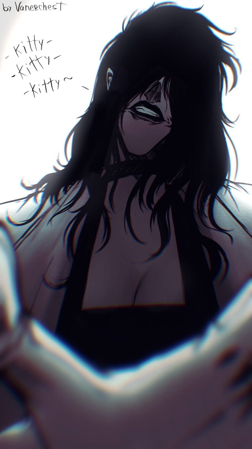 1girl alucard_(hellsing) black_dress black_hair boots breasts choker cleavage_cutout clothing_cutout dress female_focus formal_clothes genderswap genderswap_(mtf) gloves hair_over_eyes hellsing highres jacket jacket_on_shoulders large_breasts long_hair magic pantaloons smile smirk smug solo suit thighhighs threatening vampire very_long_hair white_gloves