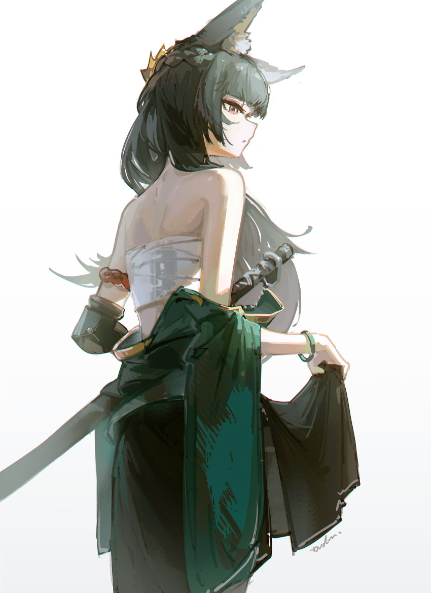 1girl absurdres animal_ear_fluff animal_ears bandages bare_shoulders black_hair black_skirt chest_sarashi cowboy_shot dudrinm fox_ears gradient_background grey_background highres hoshimi_miyabi long_hair off_shoulder sarashi skirt solo standing strapless tube_top very_long_hair white_background zenless_zone_zero
