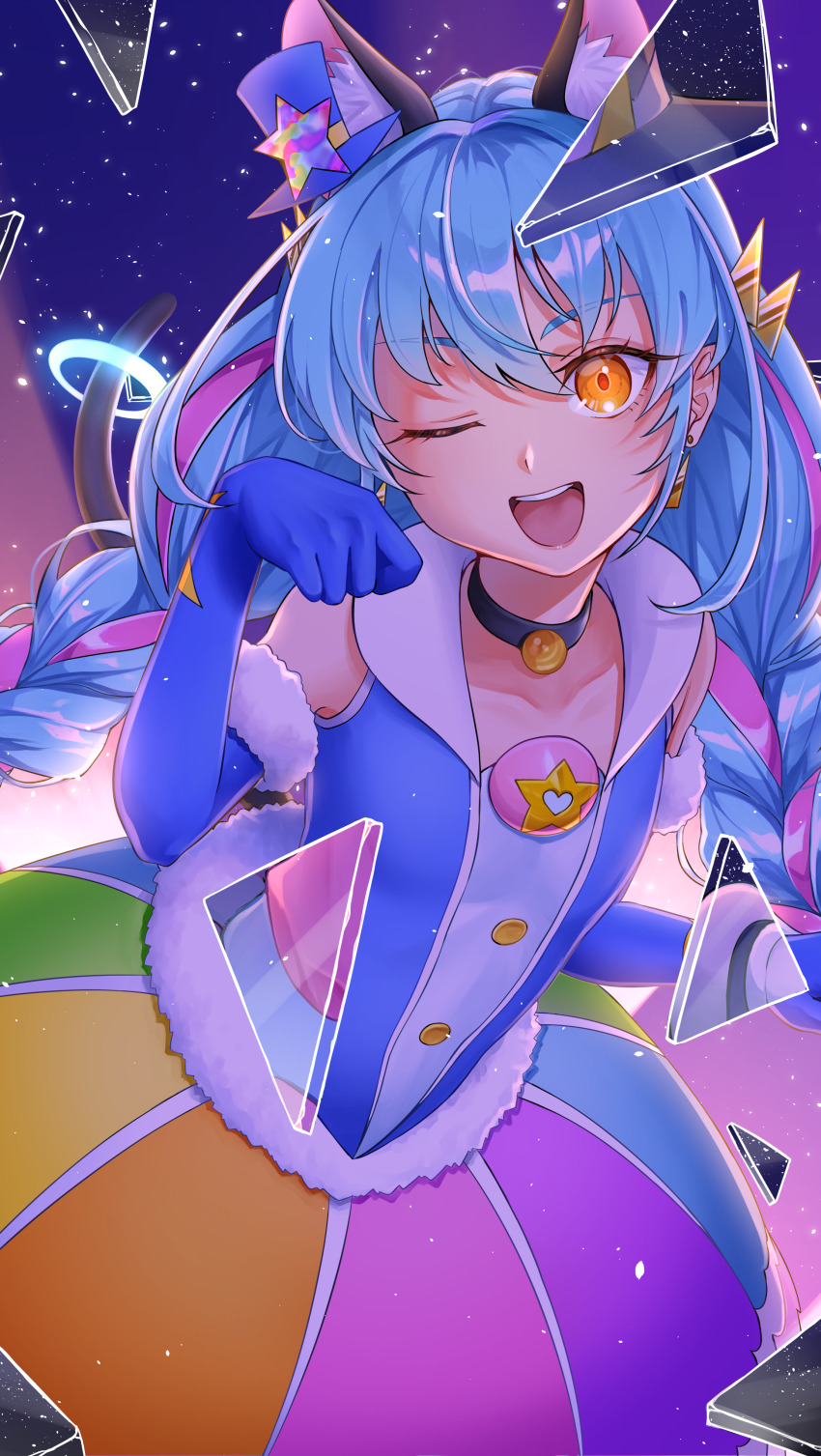 1girl aboreen absurdres animal_ears black_choker blue_gloves blue_hair blue_hat blue_shirt braid cat_ears cat_girl choker cure_cosmo earrings elbow_gloves extra_ears fur-trimmed_gloves fur-trimmed_shirt fur_trim gloves hat highres jewelry long_hair looking_at_viewer magical_girl mini_hat mini_top_hat multicolored_hair multicolored_skirt night night_sky one_eye_closed open_mouth orange_eyes precure rainbow_skirt shirt skirt sky sleeveless sleeveless_shirt smile solo star_(sky) star_twinkle_precure streaked_hair top_hat twin_braids yuni_(precure)
