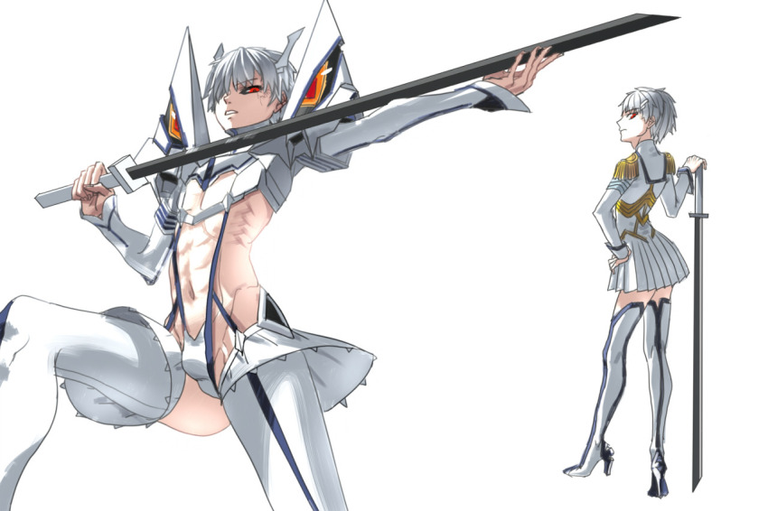 arched_back boots bulge cosplay holding holding_sword holding_weapon kaneki_ken kiryuuin_satsuki_(cosplay) strap sword thigh_boots weapon