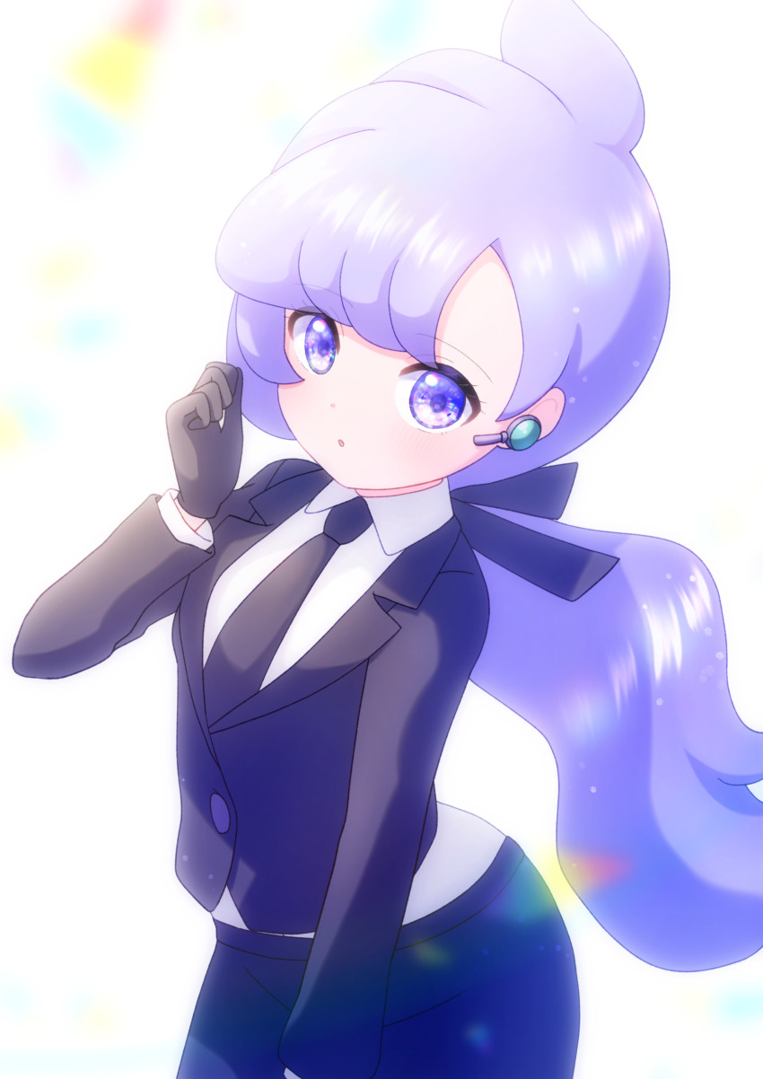 1girl absurdres anabel_(pokemon) black_jacket black_necktie black_ribbon collared_shirt commentary_request earpiece gloves hair_ribbon hand_up highres jacket katsuonoeboebo long_hair long_sleeves necktie nintendo pants pokemon pokemon_sm purple_eyes purple_hair ribbon shirt solo white_background white_shirt
