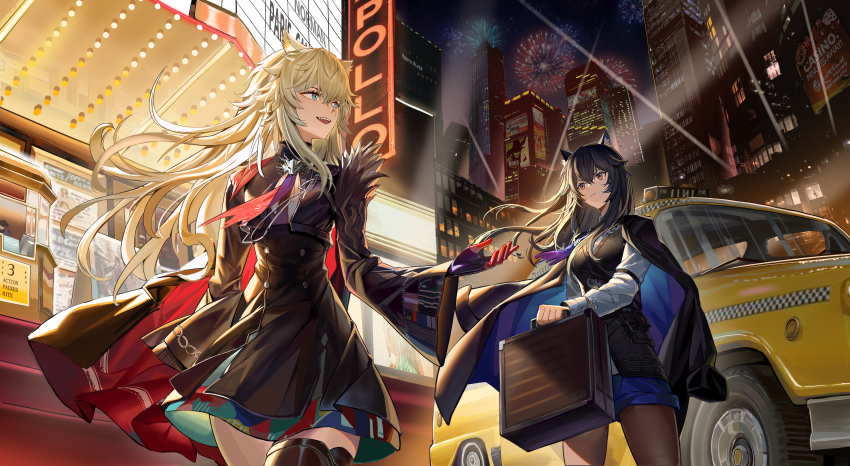 absurdres aerial_fireworks animal_ears arknights black_cape black_hair blue_cape blue_eyes brown_pantyhose cape cat city closed_mouth commentary_request fireworks hair_between_eyes highres holding holding_suitcase lappland_(arknights) lappland_the_decadenza_(arknights) long_hair long_sleeves looking_at_another night official_alternate_costume open_mouth orange_eyes outdoors pantyhose red_cape sign standing suitcase taxi texas_(arknights) texas_the_omertosa_(arknights) the_horse. turning_head two-sided_cape two-sided_fabric white_hair wind wolf_ears wolf_girl