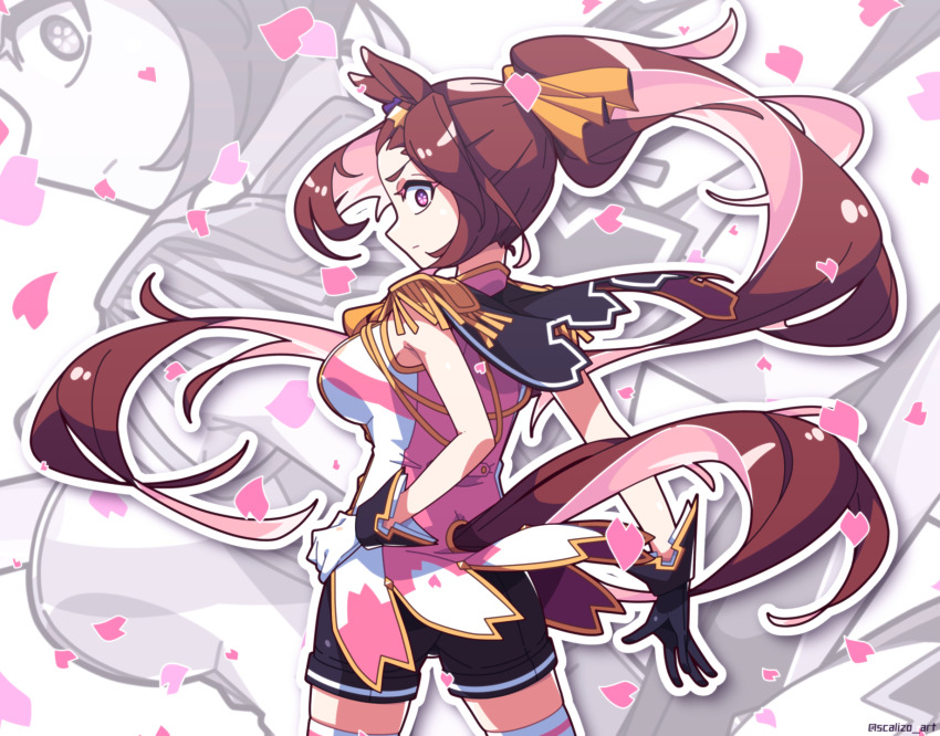 1girl animal_ears artist_name asymmetrical_gloves black_gloves breasts brown_hair cherry_blossoms cowboy_shot flower_in_eye gloves high_ponytail highres horse_ears horse_girl horse_tail long_hair looking_at_viewer mismatched_gloves pink_eyes ponytail sakura_bakushin_o_(umamusume) scalizo shorts solo standing symbol-shaped_pupils symbol_in_eye tail textless_version thighhighs twitter_username umamusume very_long_hair white_gloves white_thighhighs
