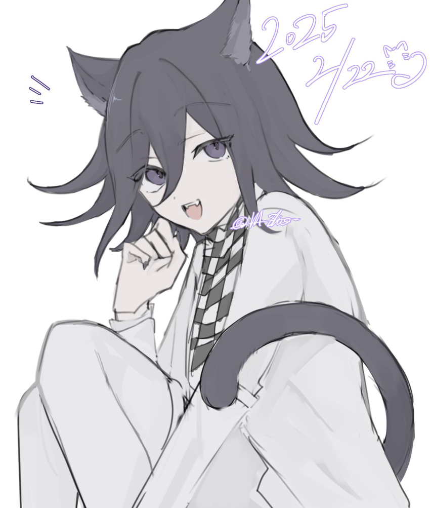 1boy 2025 animal_ears black_hair cat_boy cat_ears cat_tail checkered_clothes checkered_scarf commentary_request danganronpa_(series) danganronpa_v3:_killing_harmony dated fangs flipped_hair hair_between_eyes highres knees_up lll_shino long_sleeves looking_at_viewer male_focus medium_hair oma_kokichi open_mouth pants purple_eyes purple_hair scarf simple_background sitting smile solo tail teeth twitter_username two-tone_scarf white_background