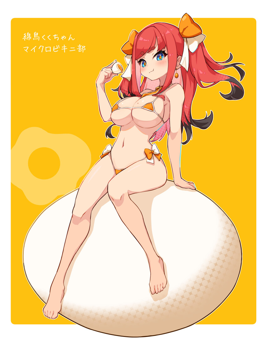 1girl absurdres armpits barefoot blush breasts cleavage closed_mouth colored_tips earrings eating egg eyebrows_hidden_by_hair full_body highres holding holding_egg indie_virtual_youtuber jewelry large_breasts long_hair looking_at_viewer mefuchan mendori_kuku mole mole_on_breast multicolored_eyes multicolored_hair navel oversized_food oversized_object red_hair short_eyebrows sideboob simple_background sitting smile solo stomach toes two-tone_eyes underboob virtual_youtuber yellow_background yellow_pupils
