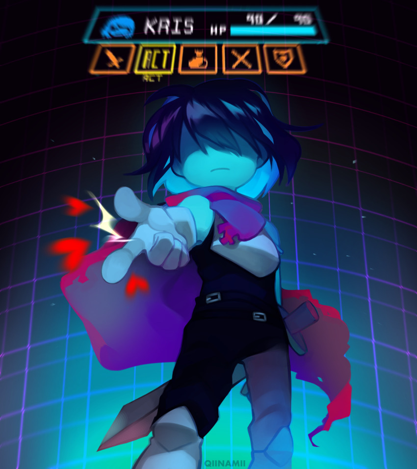 1other armor artist_name blue_hair blue_skin breastplate cape character_name closed_mouth colored_skin commentary deltarune expressionless feet_out_of_frame from_below health_bar heart highres kris_(dark_world)_(deltarune) kris_(deltarune) other_focus partially_shaded_face pink_cape pointing pointing_at_viewer qiinamii short_hair solo sword user_interface weapon