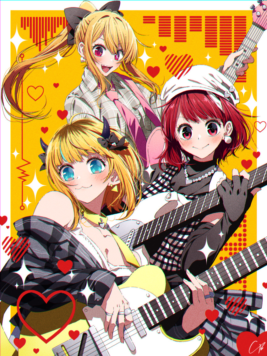 3girls 4b-enpitsu :3 ahoge aqua_eyes arima_kana b-komachi_(new) bead_necklace beads beret black_gloves black_jacket blonde_hair blush bow breasts cleavage demon_horns earrings elbow_gloves electric_guitar fake_horns fender_telecaster fingerless_gloves fingernails gloves guitar hair_bow hat heart highres holding holding_guitar holding_instrument horns hoshino_ruby instrument jacket jacket_partially_removed jewelry looking_at_viewer loose_necktie medium_breasts mem-cho multicolored_hair multiple_girls necklace necktie oshi_no_ko pink_necktie plaid_clothes plaid_jacket pom_pom_(clothes) pom_pom_earrings ponytail red_eyes red_hair ring roots_(hair) short_hair sidelocks smile sparkle white_headwear