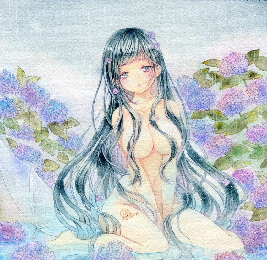 1girl amu_(m_aa) black_eyes black_hair breasts collarbone commentary completely_nude flower full_body hair_censor hair_flower hair_ornament head_tilt highres hydrangea large_breasts long_hair looking_at_viewer navel nude original outdoors painting_(medium) parted_lips purple_flower rain sitting snail solo traditional_media umbrella v_arms very_long_hair wariza watercolor_(medium)