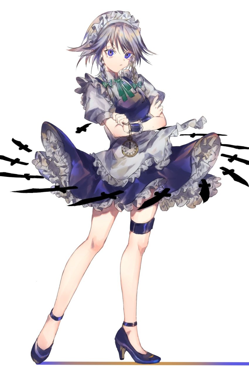 1girl ama_asagi apron bare_legs blouse blue_dress blue_eyes blue_footwear braid breasts dress frilled_dress frills full_body green_neckwear high_heels highres izayoi_sakuya knife looking_at_viewer maid maid_apron maid_headdress medium_breasts puffy_short_sleeves puffy_sleeves shirt short_hair short_sleeves silver_hair simple_background solo thigh_strap touhou twin_braids waist_apron white_apron white_background white_shirt