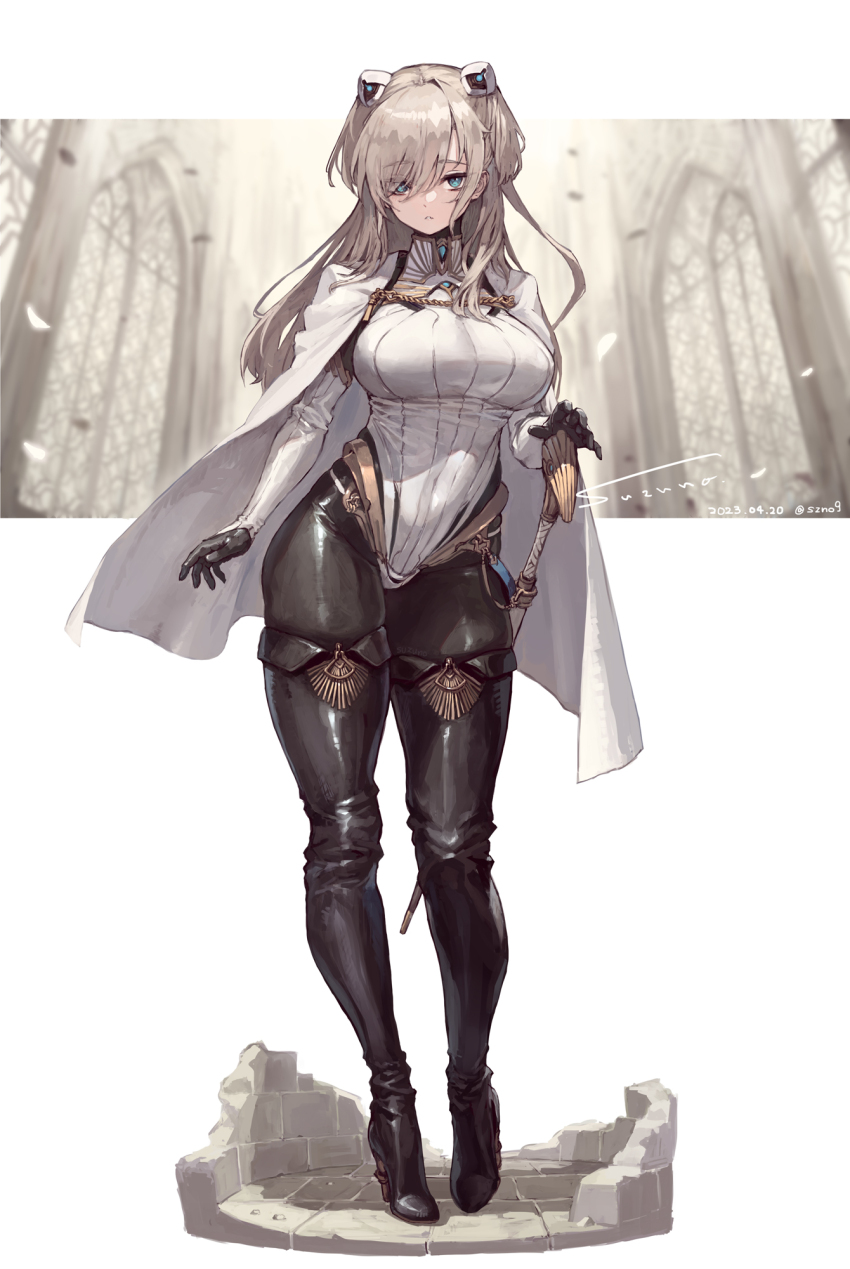 1girl black_boots black_gloves black_pants blue_eyes boots breasts cape closed_mouth full_body gloves grey_hair headgear highres large_breasts looking_at_viewer original pants simple_background solo standing suzuno_(bookshelf) sword thigh_boots weapon white_background white_cape