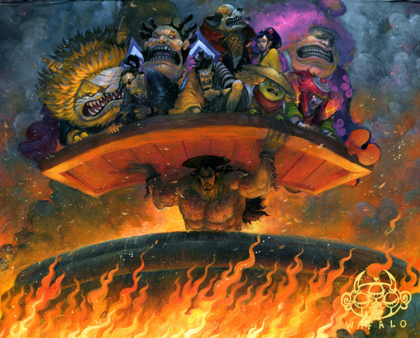 6+boys acrylic_paint_(medium) angry animal_ears artist_logo artist_name ashura_doji bandage_over_one_eye bandages black_hair black_kimono boiling carrying carrying_multiple_people carrying_person cat_boy cat_ears cat_tail chonmage clenched_teeth cooking_pot crying cuffs curly_hair denjirou_(one_piece) dog_boy dog_ears fire fish_boy floral_print floral_print_kimono hair_ribbon hat high_ponytail inuarashi_(one_piece) japanese_clothes kanjuro kawamatsu kikunojo_(one_piece) kimono kinemon large_tail lifting_person logo long_hair mane multiple_boys muscular muscular_male nekomamushi one_piece open_mouth orange_hair orange_kimono painting_(medium) pink_hair plank ponytail print_kimono purple_kimono raizo_(one_piece) red_hair red_ribbon ribbon rice_hat shackles short_hair sideburns smoke striped_clothes striped_kimono sunglasses tail teeth topknot traditional_media wafalo yellow_kimono