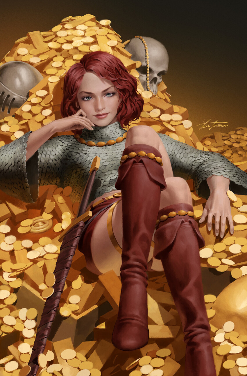 1girl alternate_costume alternate_hairstyle armor boots coin crossed_legs gold gold_coin green_eyes highres looking_at_viewer red_boots red_hair red_sonja red_sonja_(comics) scale_armor short_hair signature sitting skull solo sword weapon yoon_junggeun
