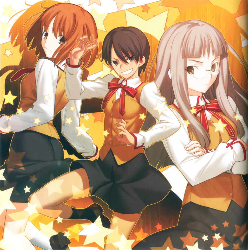 3girls absurdres ass black_hair breasts brown_hair fate/hollow_ataraxia fate/stay_night fate_(series) gyaru highres himuro_kane homurabara_academy_school_uniform large_breasts looking_at_viewer makidera_kaede medium_breasts multiple_girls non-web_source official_art round_eyewear saegusa_yukika school_uniform short_hair smile takeuchi_takashi tomboy