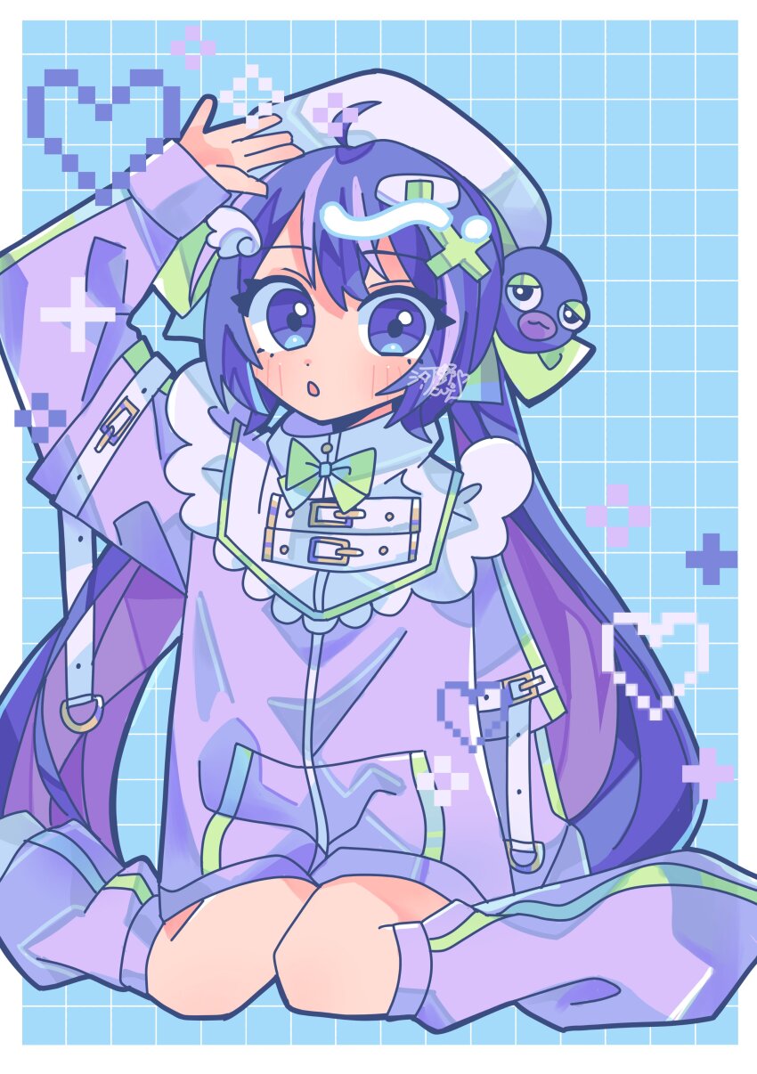1girl absurdres alternate_costume blue_background blue_eyes blue_hair bow bowtie grid_background hair_ornament hand_up hat highres jacket kouno_rikopin leg_warmers long_hair long_sleeves looking_at_viewer otomachi_una parted_lips purple_hair purple_jacket purple_leg_warmers sitting solo very_long_hair vocaloid wariza white_hat