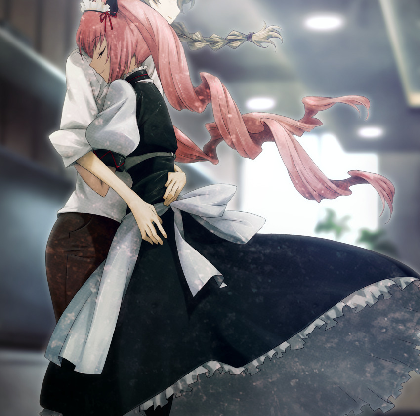 2girls aged_up akiha_rumiho alternate_costume alternate_height amane_suzuha animal_ear_hairband animal_ears apron arms_around_waist back_bow belt_around_waist belt_buckle black_skirt blurry blurry_background bow braid brown_hair brown_pants buckle cat_ears closed_eyes closed_mouth collar dress drill_hair eyelashes eyes_out_of_frame fake_animal_ears fingernails floating_hair frilled_collar frilled_dress frilled_hairband frilled_skirt frills game_cg hair_between_eyes hairband head_out_of_frame height_difference highres hug huke leaning_on_person long_hair long_skirt maid maid_apron maid_headdress mayqueen_maid_uniform multiple_girls official_art pants pink_hair pink_lips puffy_short_sleeves puffy_sleeves red_ribbon ribbon ribbon-trimmed_collar ribbon-trimmed_corset ribbon-trimmed_hairband ribbon-trimmed_sleeves ribbon_trim shiny_lips shirt short_sleeves skirt sleeves_rolled_up smile steins;gate steins;gate:_linear_bounded_phenogram tsurime twin_braids twin_drills twintails upskirt white_apron white_bow white_dress white_shirt wrist_cuffs