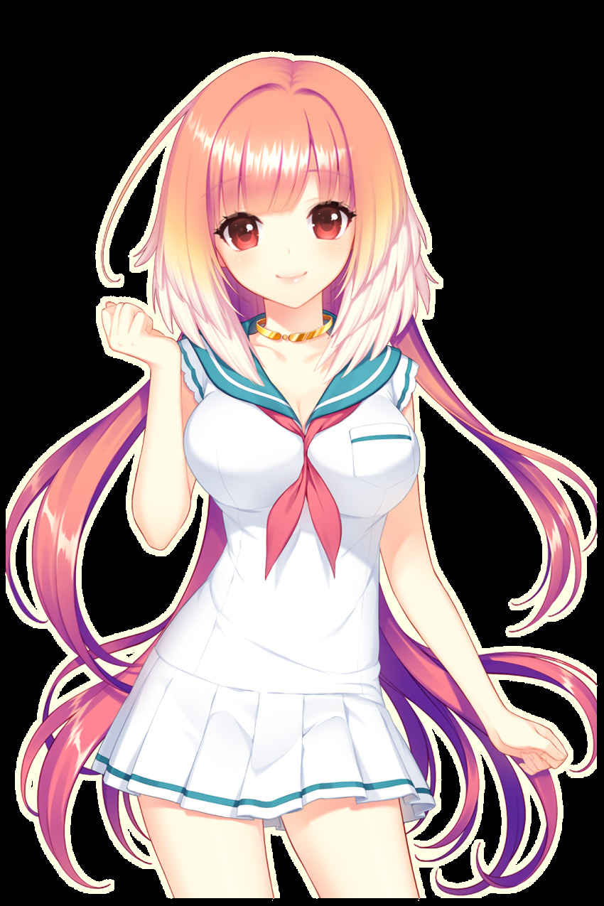 1girl breasts frilled_skirt frills hand_up highres large_breasts long_hair looking_at_viewer official_art pink_hair pink_ribbon red_eyes ribbon sailor_collar sailor_shirt selena_(soccer_spirits) shirahane_nao shirt skirt smile soccer_spirits transparent_background