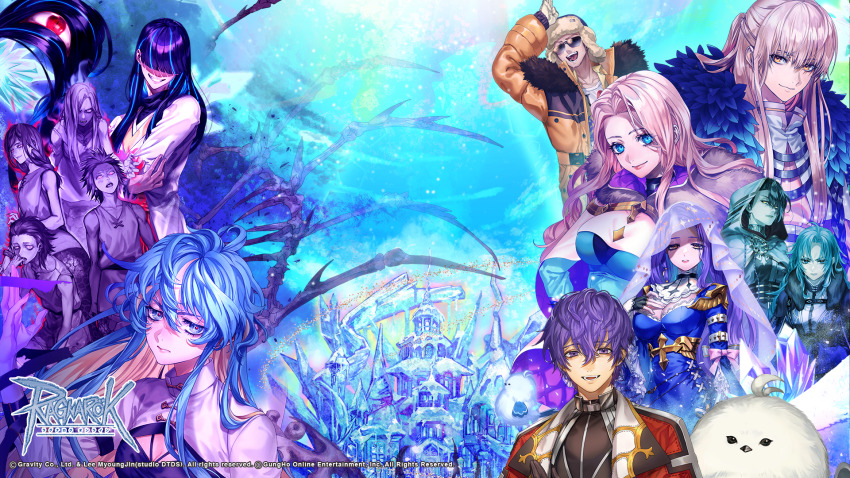 6+boys 6+girls aura aurelie_petit_issgard bagot_(ragnarok_online) bird black_eyeliner black_hair blonde_hair blue_dress blue_eyes blue_hair blunt_bangs breasts bridal_veil cardinal_(ragnarok_online) castle cleavage closed_mouth coat colored_inner_hair copyright_notice dark_aura dress eyeliner friederike_(ragnarok_online) frown fur_collar fur_hat hair_between_eyes hair_over_eyes half_updo hat highres ice iwin_(ragnarok_online) large_breasts lazy_(ragnarok_online) lehar_zeta leon_petit_issgard logo long_bangs long_hair long_sleeves makeup medium_breasts messy_hair multicolored_hair multiple_boys multiple_girls nikai_(game_artist) official_art official_wallpaper open_mouth pink_hair purple_eyes purple_hair ragnarok_online red_eyes red_pupils shirt short_hair simulation_juncea sleeveless sleeveless_shirt smile streaked_hair sunglasses third_eye upper_body ushanka veil vellgunde_gaebolg voglinde_gaebolg white_dress winter_clothes winter_coat yellow_eyes