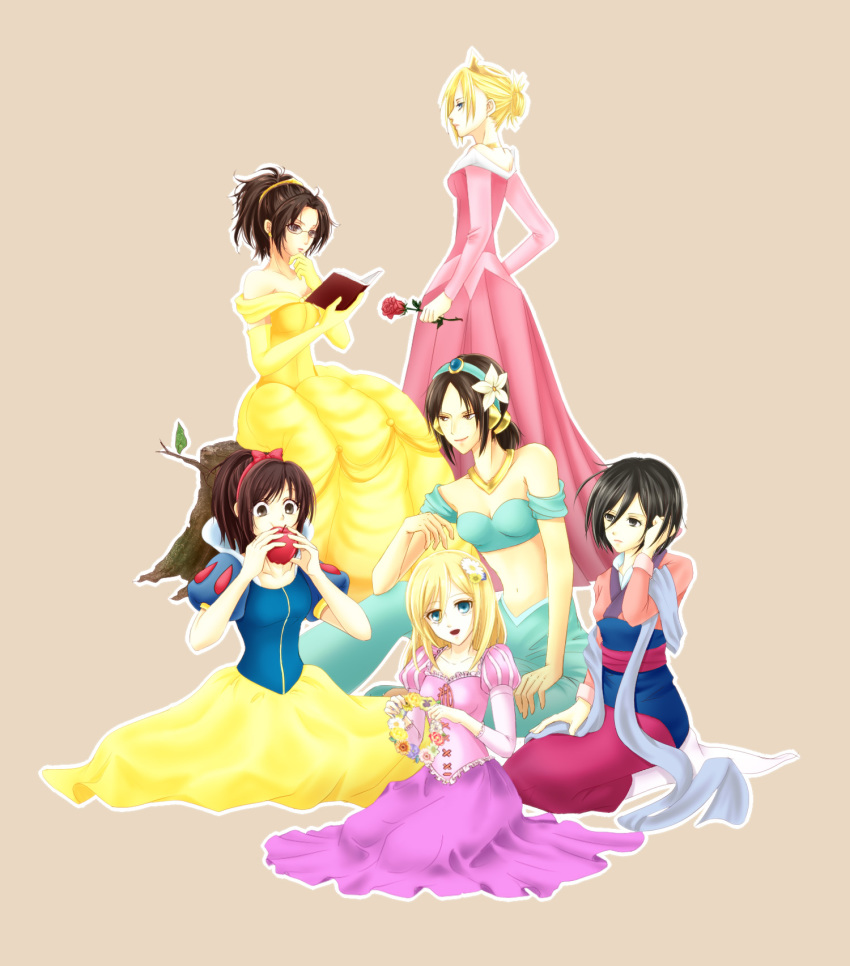 6+girls aladdin_(movie) annie_leonhart apple aurora_(disney) aurora_(disney)_(cosplay) bare_shoulders beauty_and_the_beast belle_(disney) belle_(disney)_(cosplay) black_hair blonde_hair blouse blue_eyes blue_shirt book brown_eyes brown_hair cosplay disney dress earrings elbow_gloves flower food fruit glasses gloves hair_flower hair_ornament hand_on_own_chin hange_zoe head_wreath highres jasmine_(disney) jasmine_(disney)_(cosplay) jewelry kneeling krista_lenz machiko@yariku_teikachuu midriff mikasa_ackerman mulan_(movie) multiple_girls navel off_shoulder open_book pink_dress puff_and_slash_sleeves puffy_short_sleeves puffy_sleeves rapunzel_(disney) rapunzel_(disney)_(cosplay) reading rose sasha_blouse shingeki_no_kyojin shirt short_sleeves simple_background sitting sleeping_beauty sleeping_beauty_(character) sleeping_beauty_(cosplay) snow_white_(cosplay) snow_white_(disney) snow_white_(fairy_tale) snow_white_and_the_seven_dwarfs tangled tree_stump yellow_dress yellow_gloves ymir_(shingeki_no_kyojin)