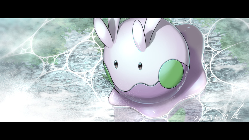 absurdres antennae bubble colored_skin dated game_freak gen_6_pokemon glowing goomy highres letterboxed mitsukuma448 nintendo no_humans pink_skin pokemon pokemon_(creature) reflection signature slime_(substance) slug solo water wavy_mouth