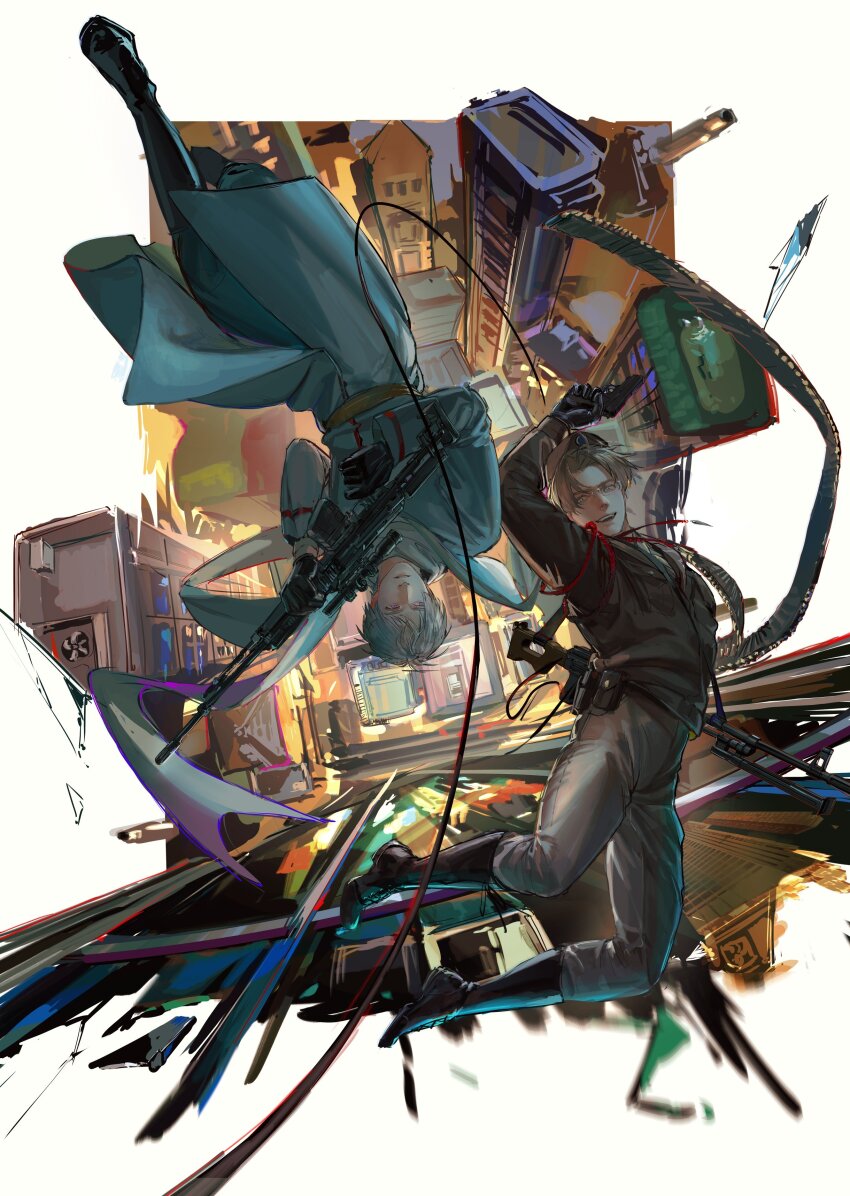 2boys absurdres ahoge america_(hetalia) arm_up axis_powers_hetalia baggy_pants belt black_belt black_boots black_gloves blue_eyes boots border breast_pocket brown_hat brown_jacket building bullet chinese_commentary city coat commentary_request dragunov_svd falling floating_clothes full_body glasses gloves green_necktie grey-framed_eyewear grey_coat grey_hair grey_pants gun handgun hat highres holding holding_gun holding_weapon jacket lapels leather leather_gloves long_sleeves looking_at_viewer machine_gun military_hat military_jacket military_uniform multiple_boys necktie open_mouth outside_border pants pkm pocket purple_eyes rifle russia_(hetalia) scarf semi-rimless_eyewear skyscraper smile sniper_rifle teeth weapon white_border white_scarf zhongerweiyuan