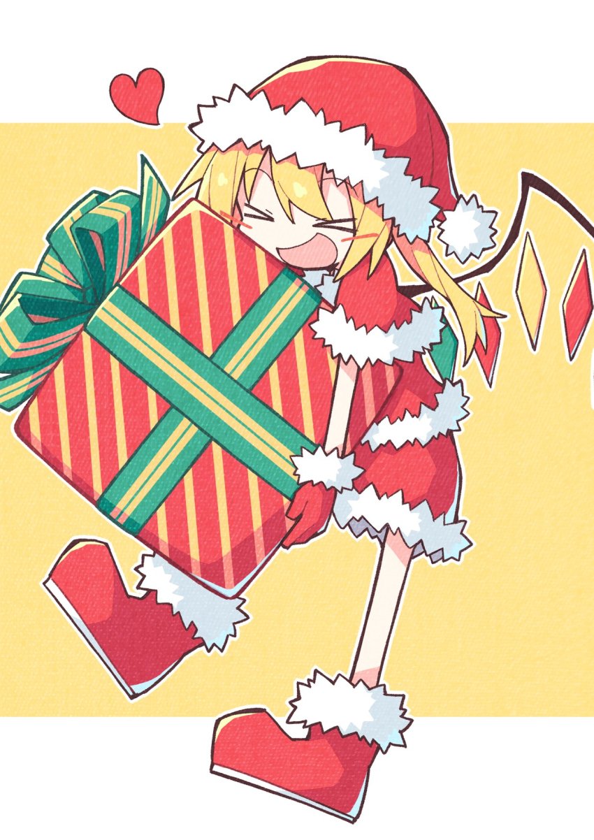 &gt;_&lt; 1girl :d asameshi blonde_hair boots commentary crystal dress flandre_scarlet fur-trimmed_boots fur-trimmed_dress fur-trimmed_headwear fur_trim gift hat heart highres holding holding_gift letterboxed long_hair open_mouth santa_costume santa_hat simple_background smile solo spoken_heart touhou white_background wings yellow_background