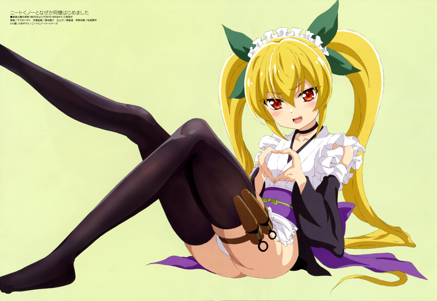 1girl absurdres arata_hayato black_thighhighs blonde_hair highres holster kunai long_hair looking_at_viewer megami_magazine natsumi_kanna_(neet_kunoichi) neet_de_otaku_na_kunoichi_to_naze_ka_dousei_hajimemashita obi panties sash solo thigh_holster thighhighs twintails underwear weapon white_panties