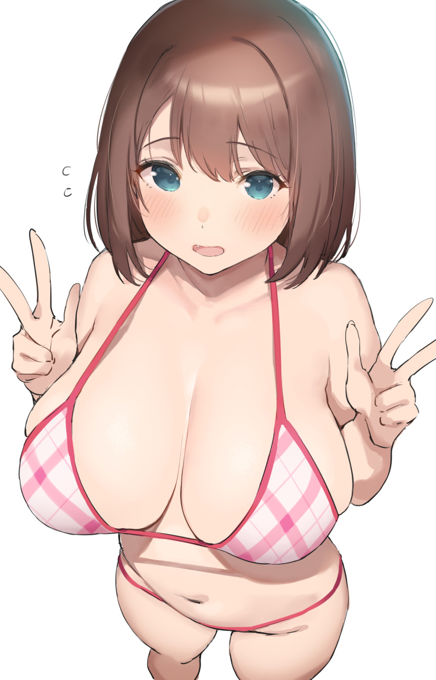 1girl bare_shoulders bikini blue_eyes blush breasts brown_hair cleavage collarbone double_v female_focus highres large_breasts looking_at_viewer navel nekoshoko open_mouth pink_bikini saki_(manga) short_hair simple_background smile solo swimsuit thighs unozawa_shiori v white_background