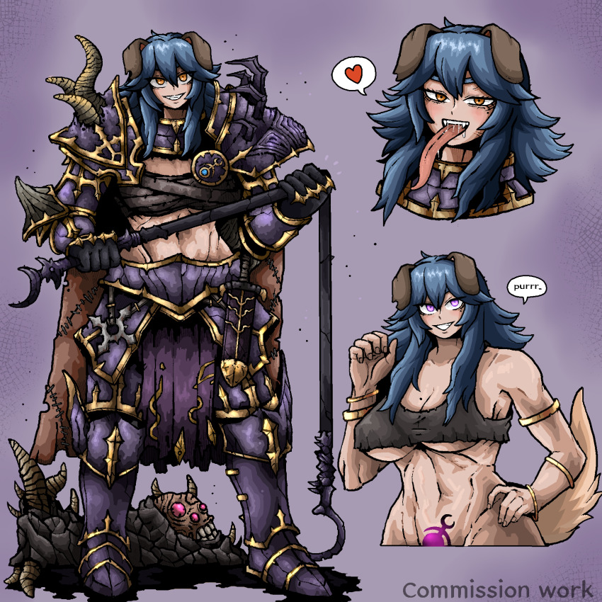 1girl animal_ears armlet armor blue_hair bracelet chest_sarashi cloak dagger dog_ears dog_girl fangs grin highres holding holding_whip jewelry knife long_hair long_tongue multiple_views muscular muscular_female octosoup power_armor pubic_tattoo purple_eyes saliva sarashi slaanesh_(symbol) smile speech_bubble tattoo teeth tongue warhammer_40k weapon yellow_eyes