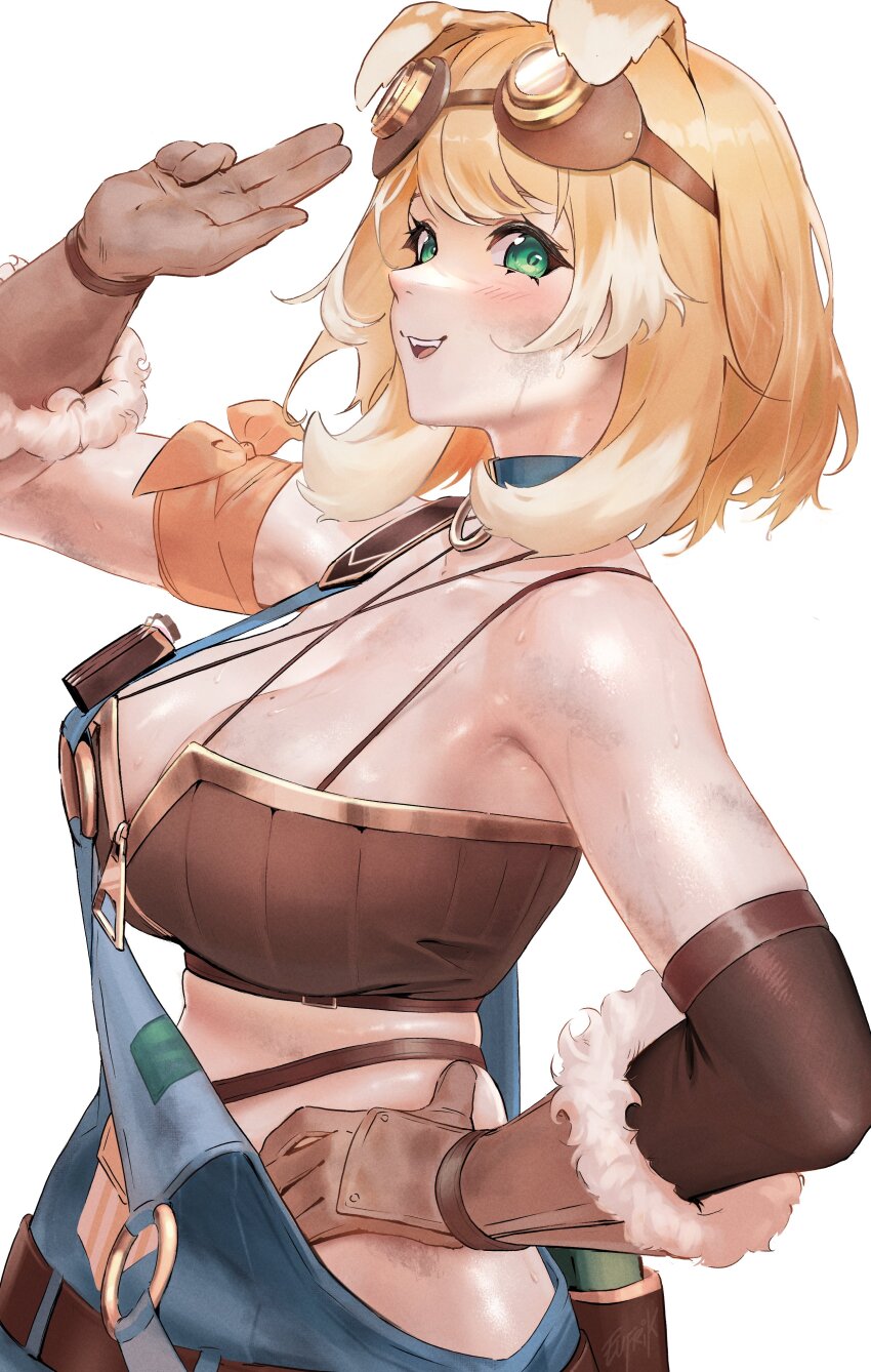 1girl absurdres animal_ears armband bare_shoulders belt blue_collar blue_overalls bonnie_barkswell breasts brown_belt brown_bustier brown_gloves brown_sleeves cleavage collar colored_tips crop_top detached_sleeves dirty dirty_face dog_ears eufrik from_side fur-trimmed_gloves fur_trim globie gloves goggles goggles_on_head green_eyes hand_on_own_hip highres large_breasts looking_at_viewer mole mole_on_breast multi-strapped_shirt multicolored_hair orange_armband orange_hair overalls salute simple_background skindentation smile solo strap_slip sweat virtual_youtuber white_background white_hair zipper_pull_tab