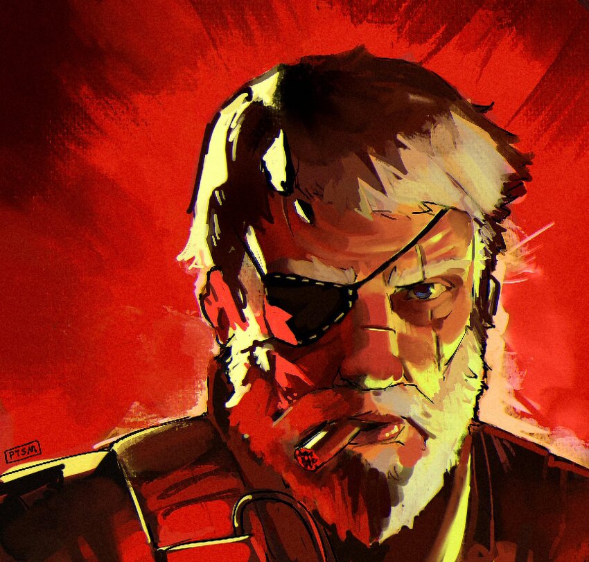 1boy 2024_attempted_assassination_of_donald_trump beard blue_eyes cigar cosplay donald_trump eyepatch facial_hair full_beard grey_hair looking_at_viewer male_focus mature_male meme metal_gear_(series) metal_gear_solid_v:_the_phantom_pain photo-referenced potassiumhere real_life scar scar_across_eye scar_on_face solo trump_mugshot_(meme) venom_snake venom_snake_(cosplay)
