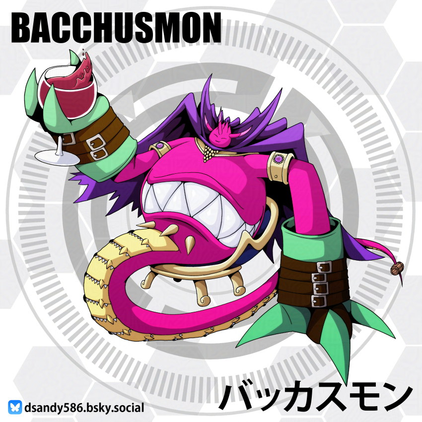 1boy absurdres bacchusmon cape character_name circle colored_skin cup d_sandy digimon digimon_(creature) drinking_glass extra_mouth gloves green_gloves highres holding holding_cup olympos_xii pink_skin purple_cape sharp_teeth solo teeth wine_glass