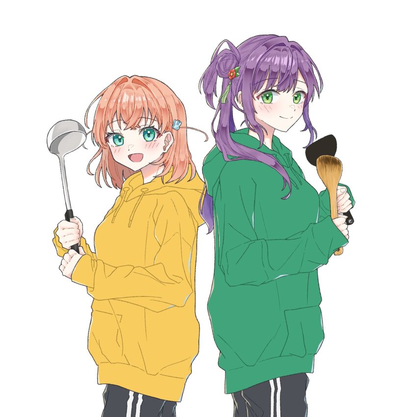 2girls aqua_eyes black_pants breasts cerise_bouquet commentary_request cowboy_shot flower ginniro249 green_eyes green_hoodie hair_bun hair_flower hair_ornament highres hinoshita_kaho holding holding_ladle hood hood_down hoodie ladle link!_like!_love_live! long_sleeves love_live! medium_breasts multiple_girls orange_hair otomune_kozue pants purple_hair rabbit_hair_ornament red_flower seeno_de!_hasu_no_sora! side_ponytail simple_background single_side_bun sleeves_past_wrists smile spoon standing tassel tassel_hair_ornament track_pants white_background wooden_spoon yellow_hoodie
