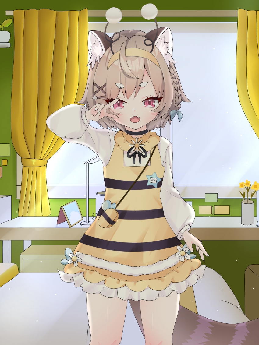 1girl absurdres animal_ear_fluff animal_ears bed bee beeko_(komachi_panko) bow bug commission curtains dress flower frilled_dress frills hair_bow hair_ribbon headband highres indoors insect knee_up knees_up komachi_panko kyoichi official_alternate_costume phase_connect red_eyes red_panda_ears red_panda_tail ribbon room solo standing tail v virtual_youtuber window