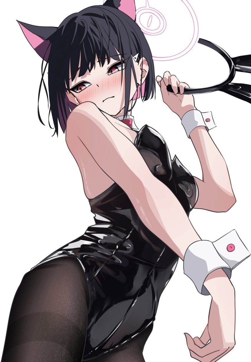 1girl alternate_costume animal_ears black_hair black_leotard black_pantyhose blue_archive blunt_bangs blush cat_ears cat_girl closed_mouth colored_inner_hair commentary cowboy_shot detached_collar embarrassed extra_ears fake_animal_ears fine_fabric_emphasis halo hand_up highleg highleg_leotard highres holding_hairband kazu_(kauk3753) kazusa_(blue_archive) leotard looking_to_the_side multicolored_hair nose_blush pantyhose pink_hair pink_halo playboy_bunny rabbit_ears red_eyes short_hair simple_background solo strapless strapless_leotard thighband_pantyhose tsurime white_background white_wrist_cuffs wrist_cuffs