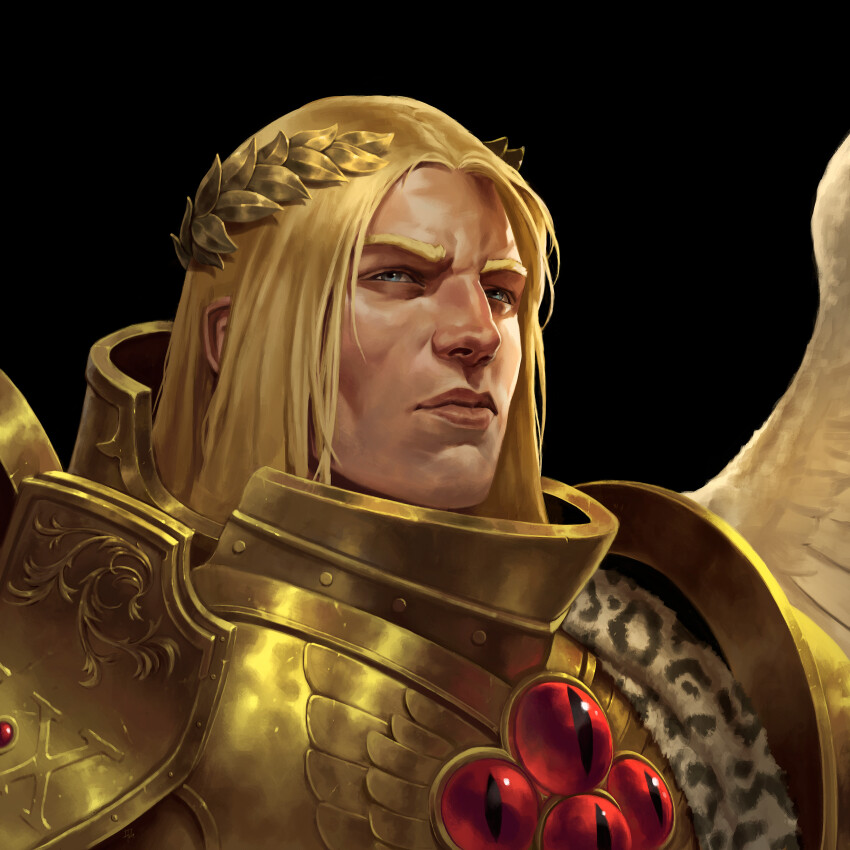 absurdres adrian4rt angel angel_wings armor black_background blonde_hair blood_angels blue_eyes detailed_armor gold_armor highres imperium_of_man laurel_crown leopard_pelt long_hair looking_up male_focus pelt power_armor primarch sanguinius semi_realisim simple_background snow_leopard snow_leopard_pelt warhammer_40k wings