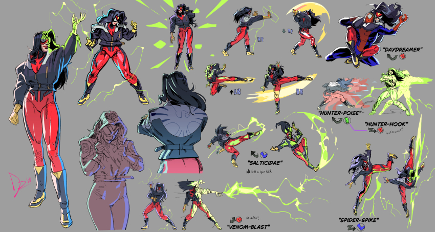 1boy 1girl animal_print black_hair blue_bodysuit bodysuit command_input diepod electricity fighting_game fighting_stance grapple headlock highres jacket jessica_drew kicking long_hair marvel mask palm_strike peter_parker punching red_bodysuit roundhouse_kick spider-man spider-man_(series) spider-woman spider_print spider_web_print spiked_jacket superhero_costume two-tone_bodysuit wrestling