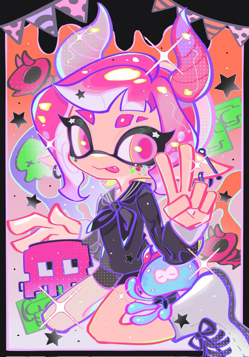 1girl :p bike_shorts black_neckerchief black_sailor_collar black_shirt black_shorts boots closed_mouth commentary earrings eyebrow_cut fake_horns full_body hairband hand_up highres horn_hairband horns inkling inkling_girl inkling_player_character jellyfish_(splatoon) jewel_under_eye jewelry kneeling long_pointy_ears long_sleeves neckerchief nintendo pink_eyes pink_hair pink_hairband pink_horns pink_pupils pointy_ears sailor_collar sailor_shirt shirt short_hair shorts smile solo splatoon_(series) symbol-only_commentary tentacle_hair thick_eyebrows tongue tongue_out v white_boots xiaoyunatie
